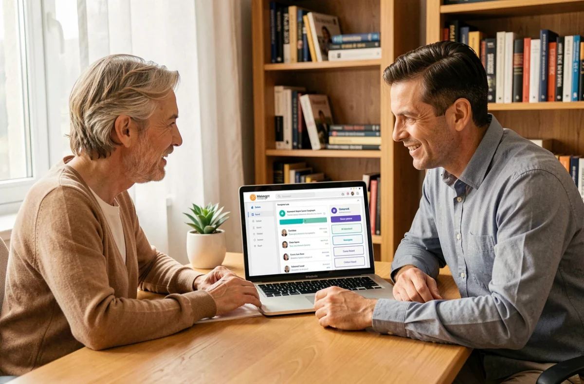 Deux collègues collaborant sur un outil IA marketing intégré au CRM pour suivre et gérer des leads depuis un bureau à domicile