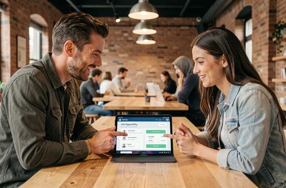Deux professionnels consultant ensemble une plateforme de matching d'emploi sur tablette dans un espace de coworking