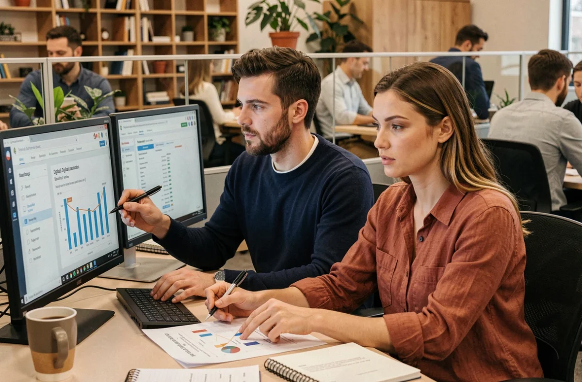 Deux collègues travaillant ensemble sur une définition commune de la digitalisation devant leurs écrans en espace de coworking