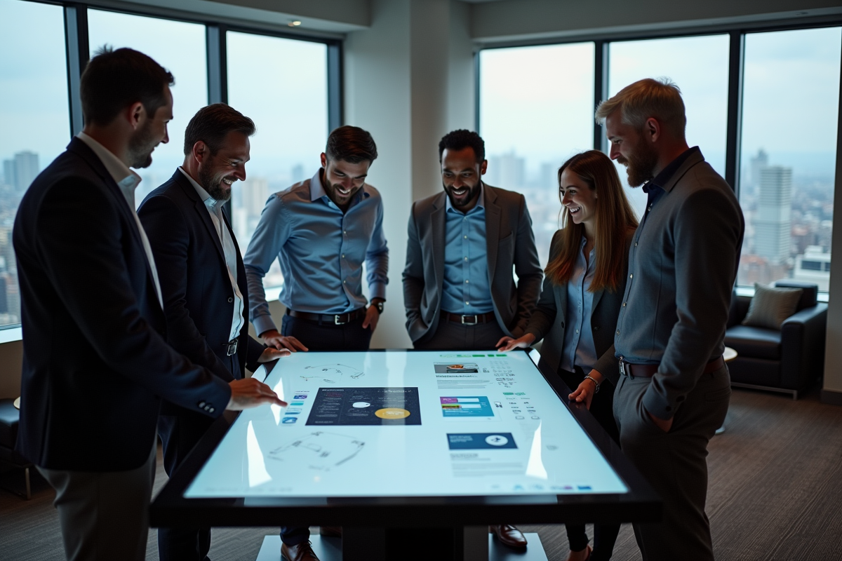 Groupe de collègues discutant autour d une table numérique dans un lounge moderne