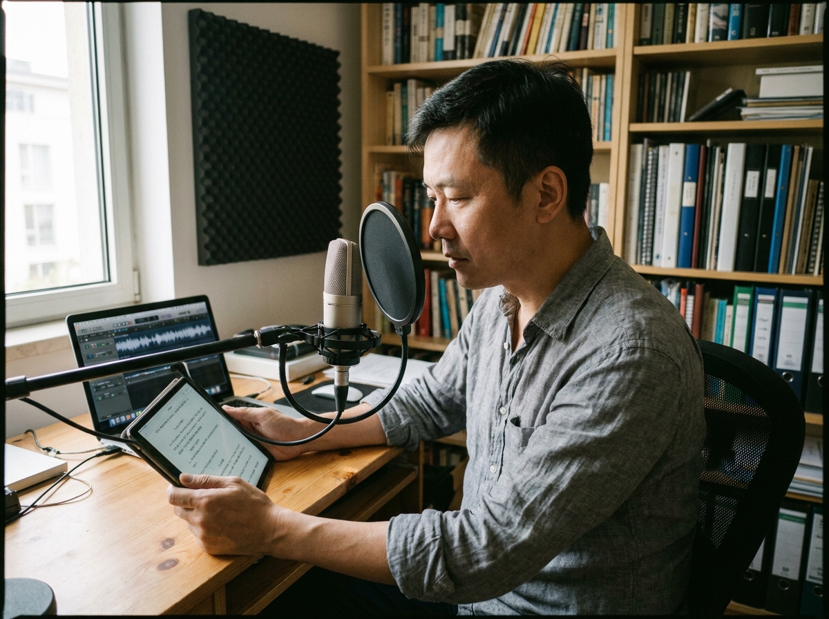 Comédien chinois spécialisé en voix off révisant un script dans son studio maison
