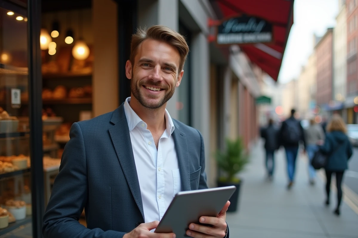 Propriétaire de bakery avec tablette en extérieur dans la rue