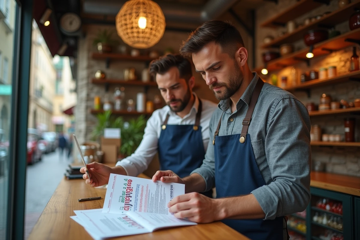 Propriétaire d'une boutique lyonnaise découvrant une stratégie de référencement local avec un consultant de son agence digitale
