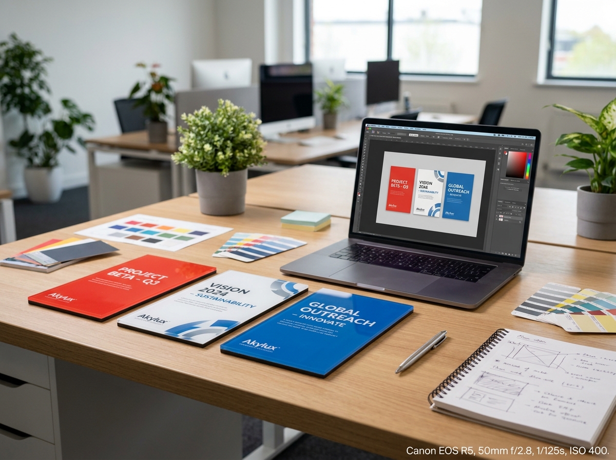 Vue du dessus d'un bureau avec échantillons de panneaux Akylux colorés et outils de conception pour communication d'entreprise