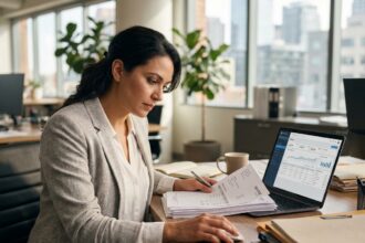 Femme d'affaires comparant des factures papier et un logiciel de facturation sur ordinateur portable au bureau