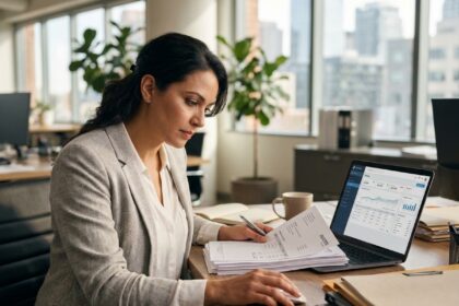Femme d'affaires comparant des factures papier et un logiciel de facturation sur ordinateur portable au bureau