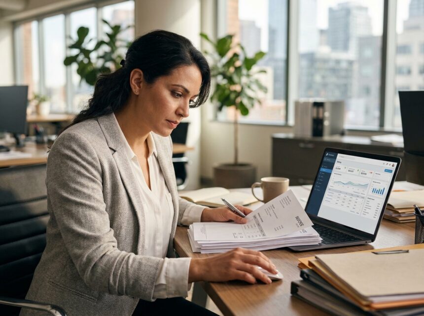Femme d'affaires comparant des factures papier et un logiciel de facturation sur ordinateur portable au bureau