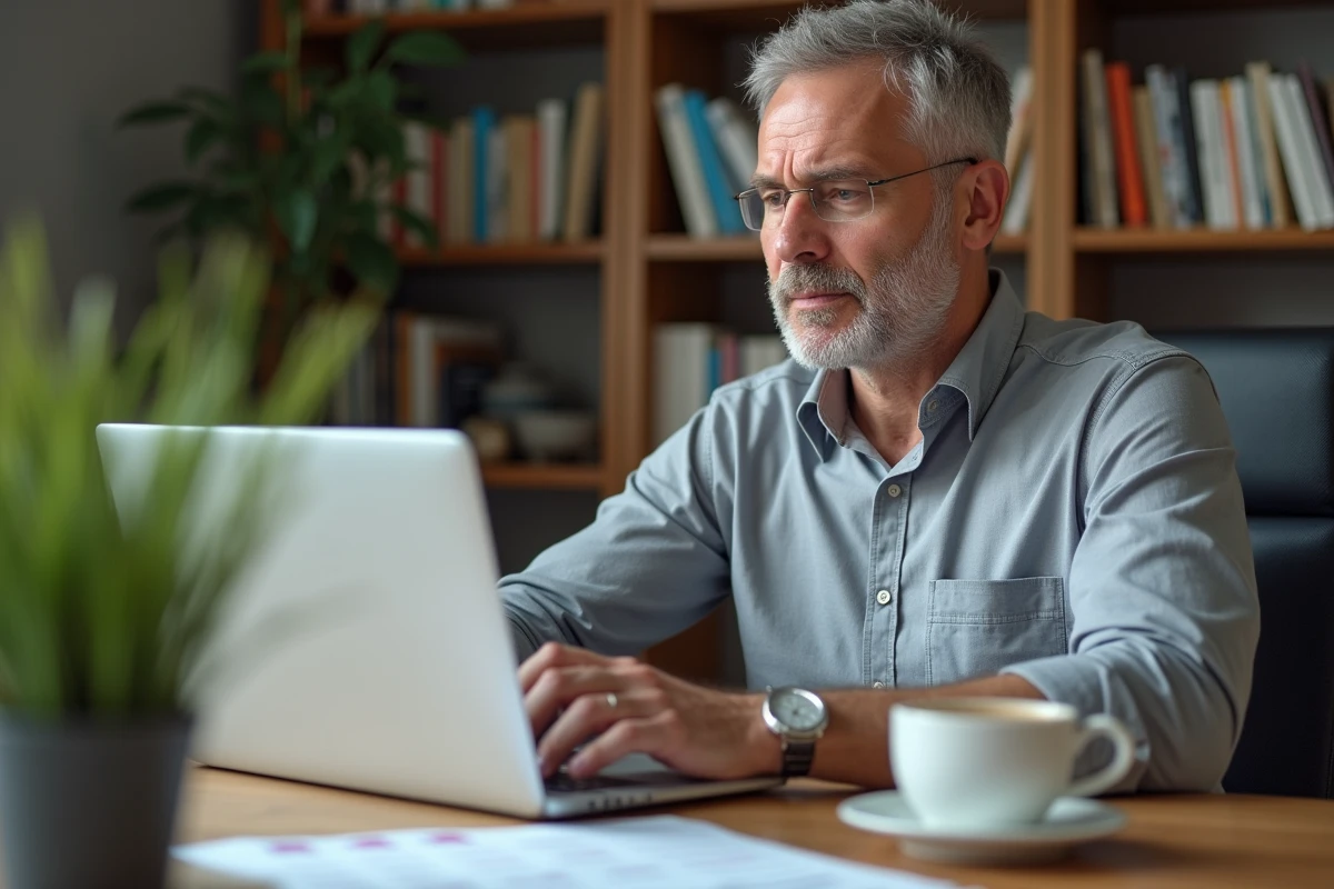 Homme d'affaires comparant les prix des abonnements réseau B2B sur ordinateur portable dans un bureau à domicile