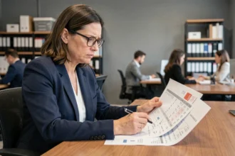 Comptable femme analysant des erreurs dans un tableau financier dans un bureau moderne