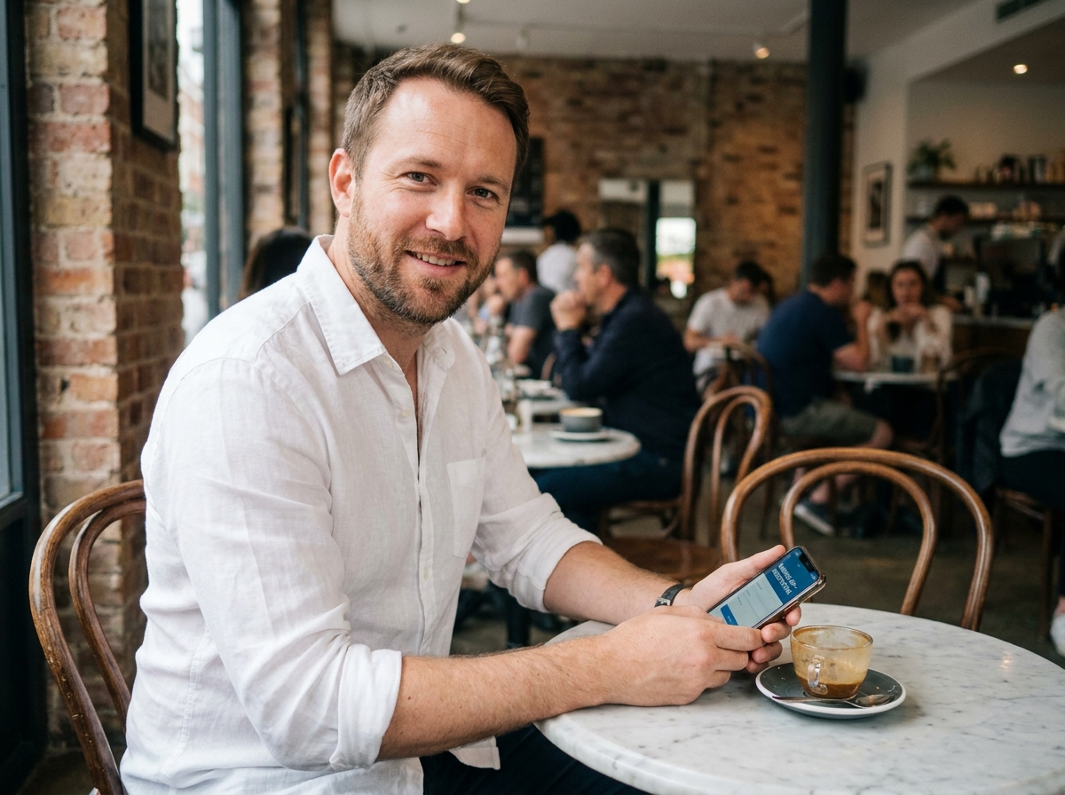 Homme consultant une application bancaire en ligne sur son smartphone dans un café moderne pour ouvrir un compte