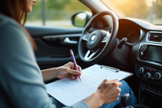 Personne remplissant un carnet de route dans une voiture moderne