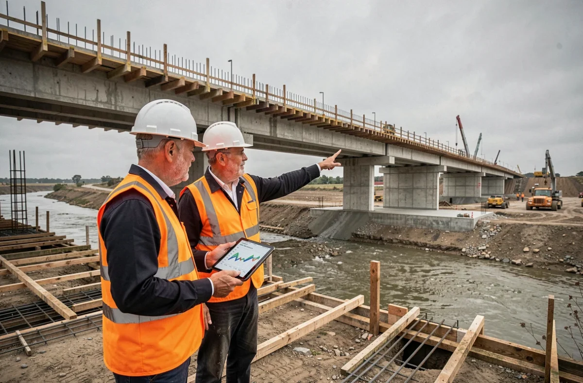 Deux conducteurs de travaux discutant de l'impact de l'indice TP08 sur le coût d'un chantier de construction de pont en béton
