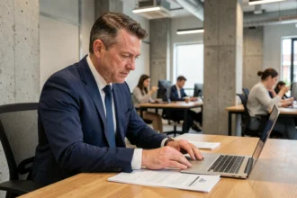Consultant en costume marine travaillant dans un espace de coworking moderne, alternative au portage salarial Altran