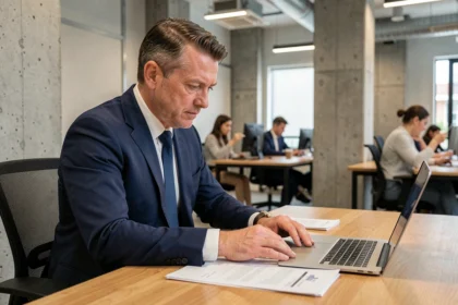 Consultant en costume marine travaillant dans un espace de coworking moderne, alternative au portage salarial Altran