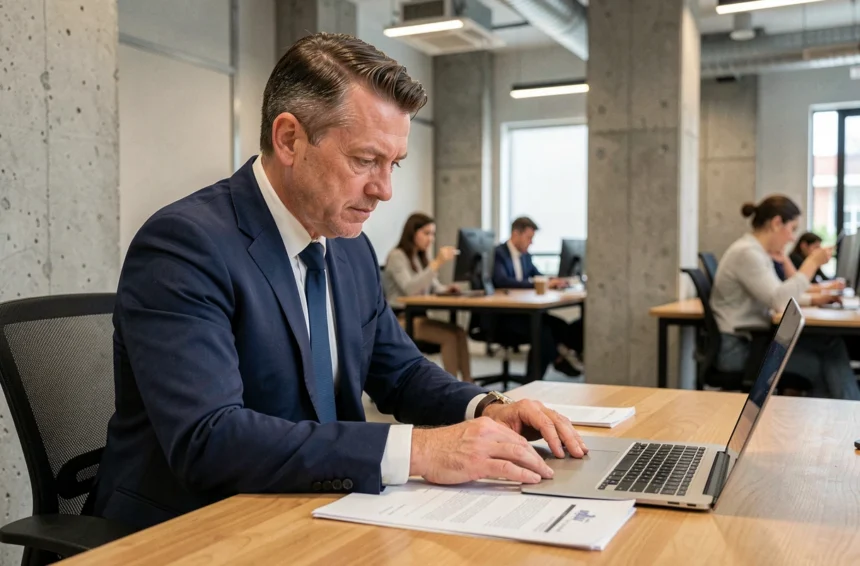Consultant en costume marine travaillant dans un espace de coworking moderne, alternative au portage salarial Altran