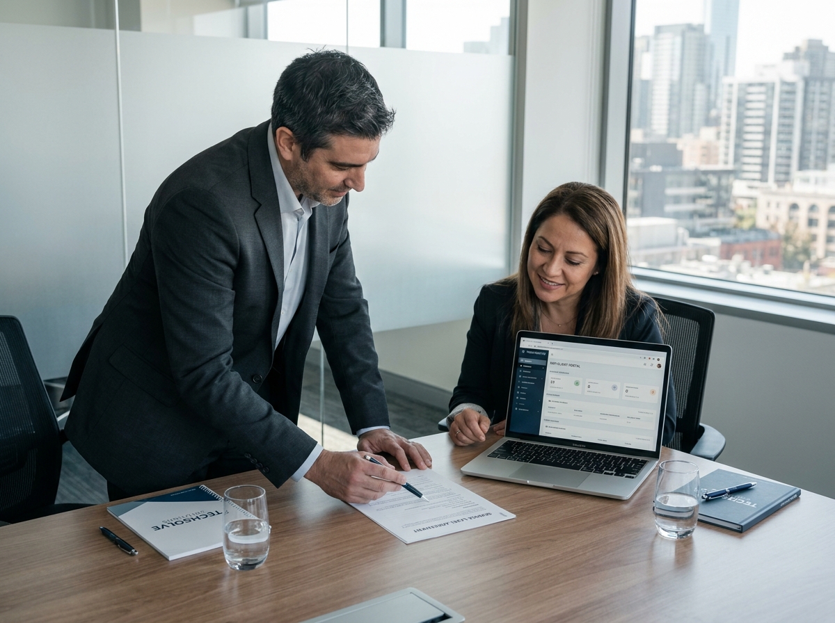 Consultant MSP discutant d'un contrat de services managés avec un dirigeant de PME en salle de réunion