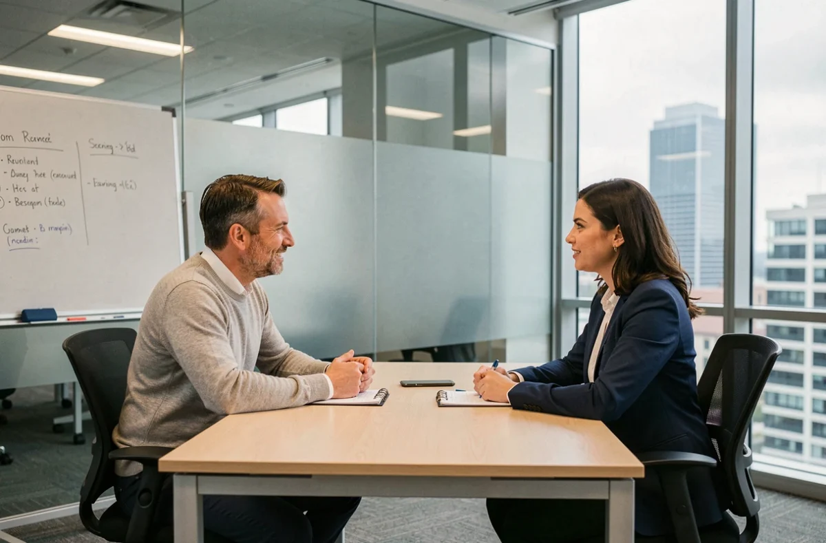 Consultant en portage salarial discutant de ses droits et obligations avec un responsable RH en entreprise