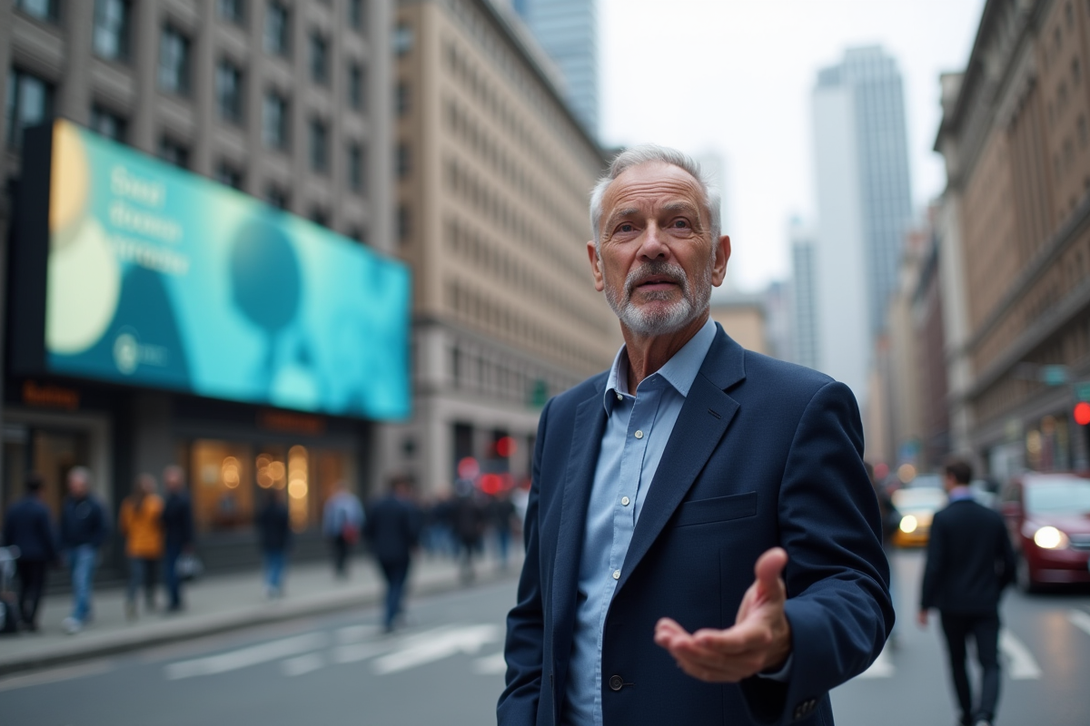 Consultant marketing devant une affiche publicitaire urbaine