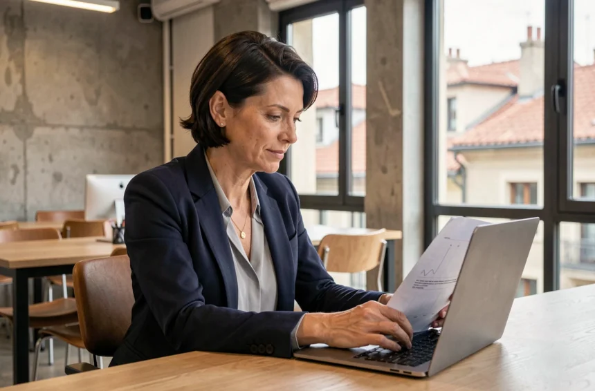 Consultante indépendante en portage salarial travaillant dans un espace de coworking à Lyon