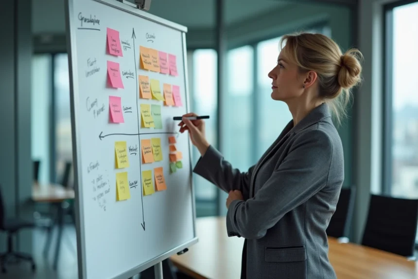 Consultante analysant une matrice McKinsey sur un tableau blanc en salle de conférence d'entreprise
