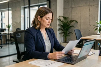 Consultante indépendante analysant un contrat de portage salarial dans un espace de coworking moderne