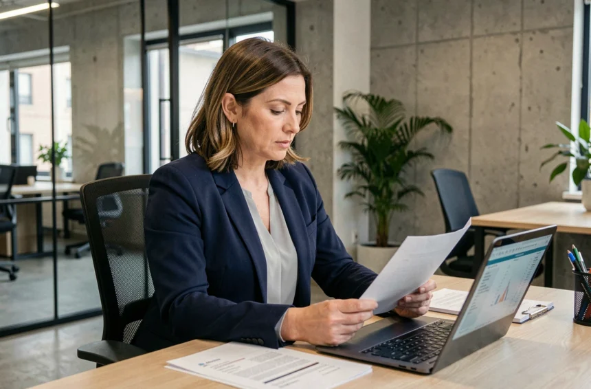Consultante indépendante analysant un contrat de portage salarial dans un espace de coworking moderne