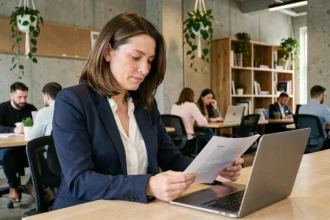 Consultante en portage salarial travaillant sur un contrat dans un espace de coworking moderne