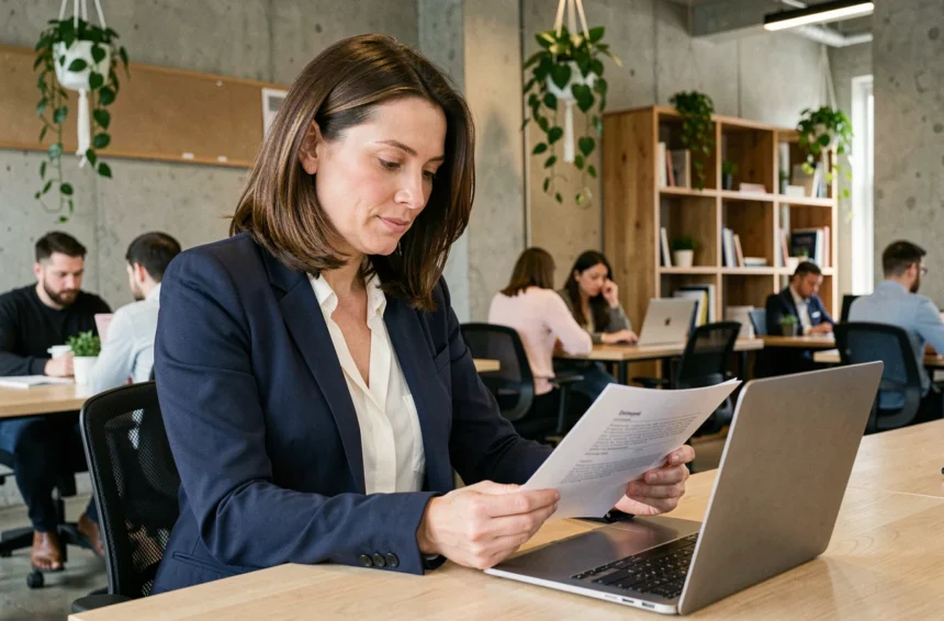 Consultante en portage salarial travaillant sur un contrat dans un espace de coworking moderne