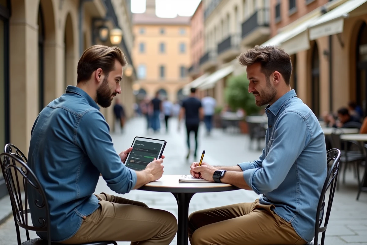 Deux professionnels consultant l'annuaire en ligne de la Cress Midi-Pyrénées en terrasse à Toulouse