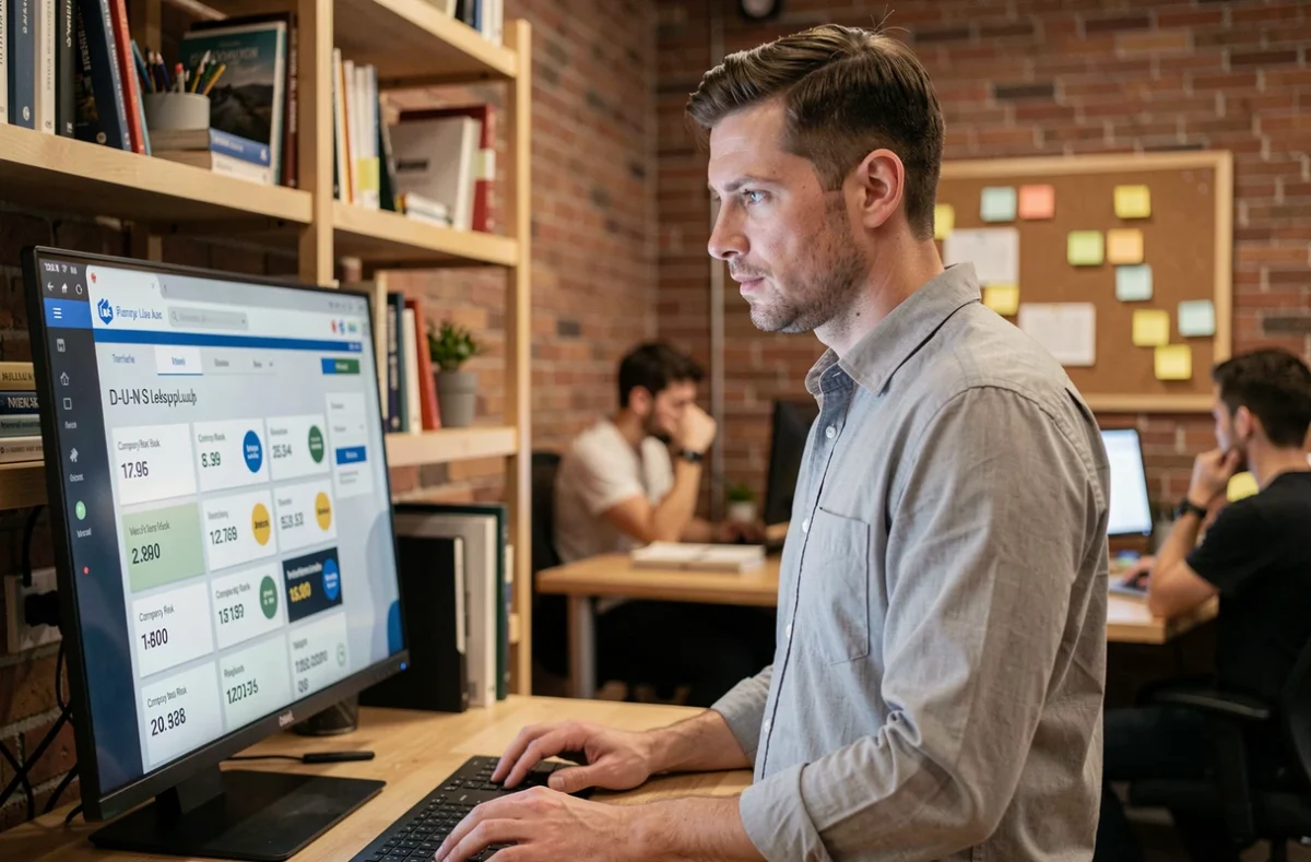 Entrepreneur consultant le numéro D-U-N-S d'un partenaire commercial sur un écran dans un espace de travail moderne