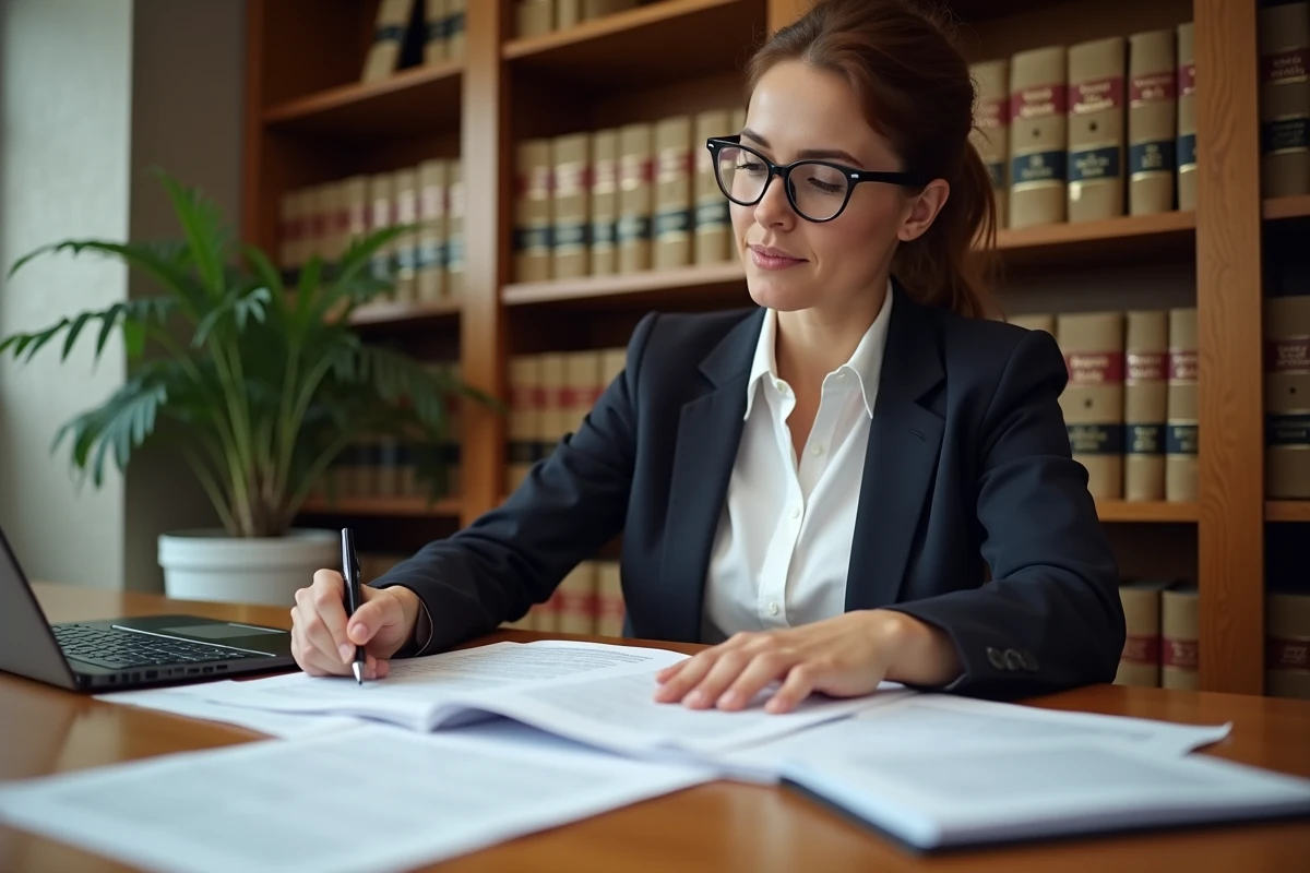 Femme consultant des documents juridiques relatifs au préavis de licenciement dans une salle de réunion d'un cabinet d'avocat