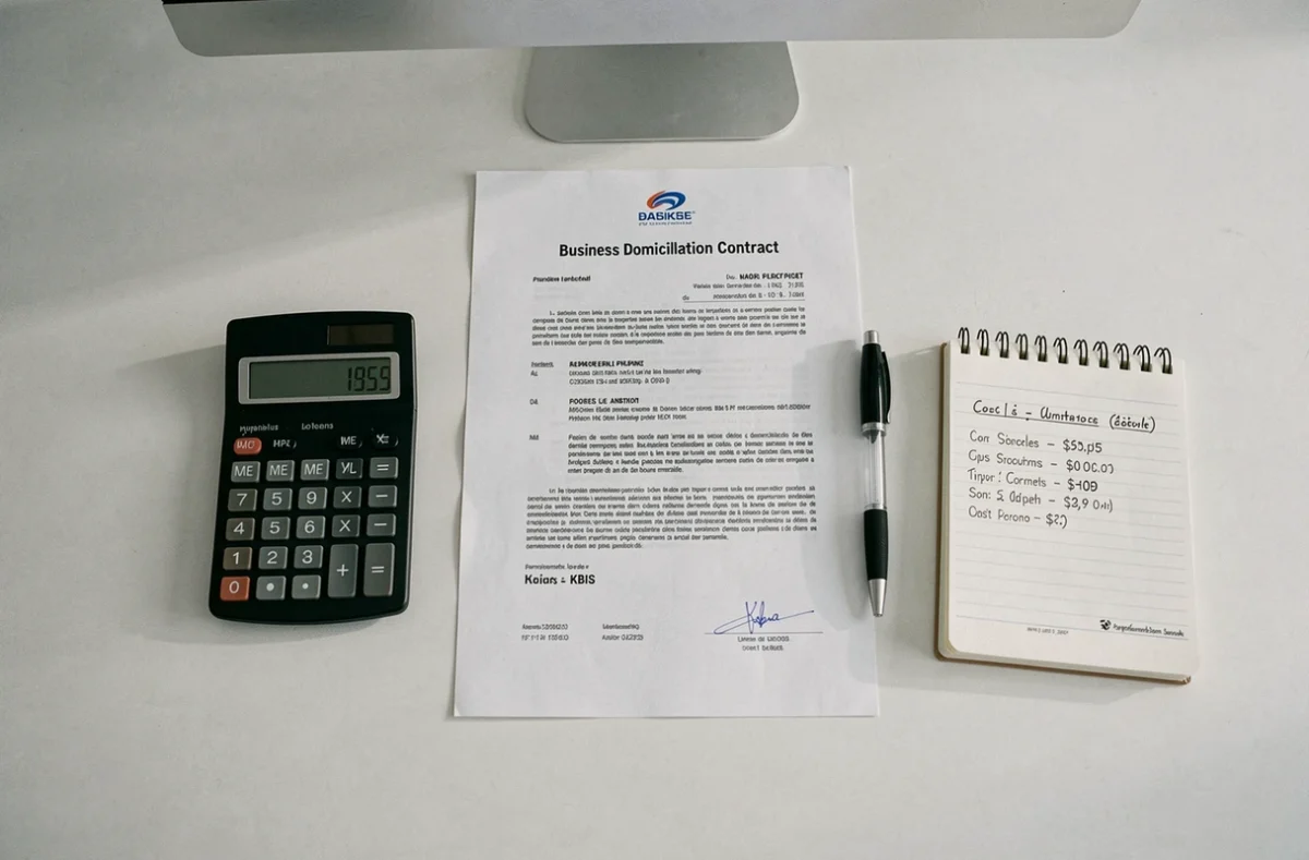 Contrat de domiciliation d'entreprise dans l'Oise avec calculatrice et extrait Kbis sur un bureau