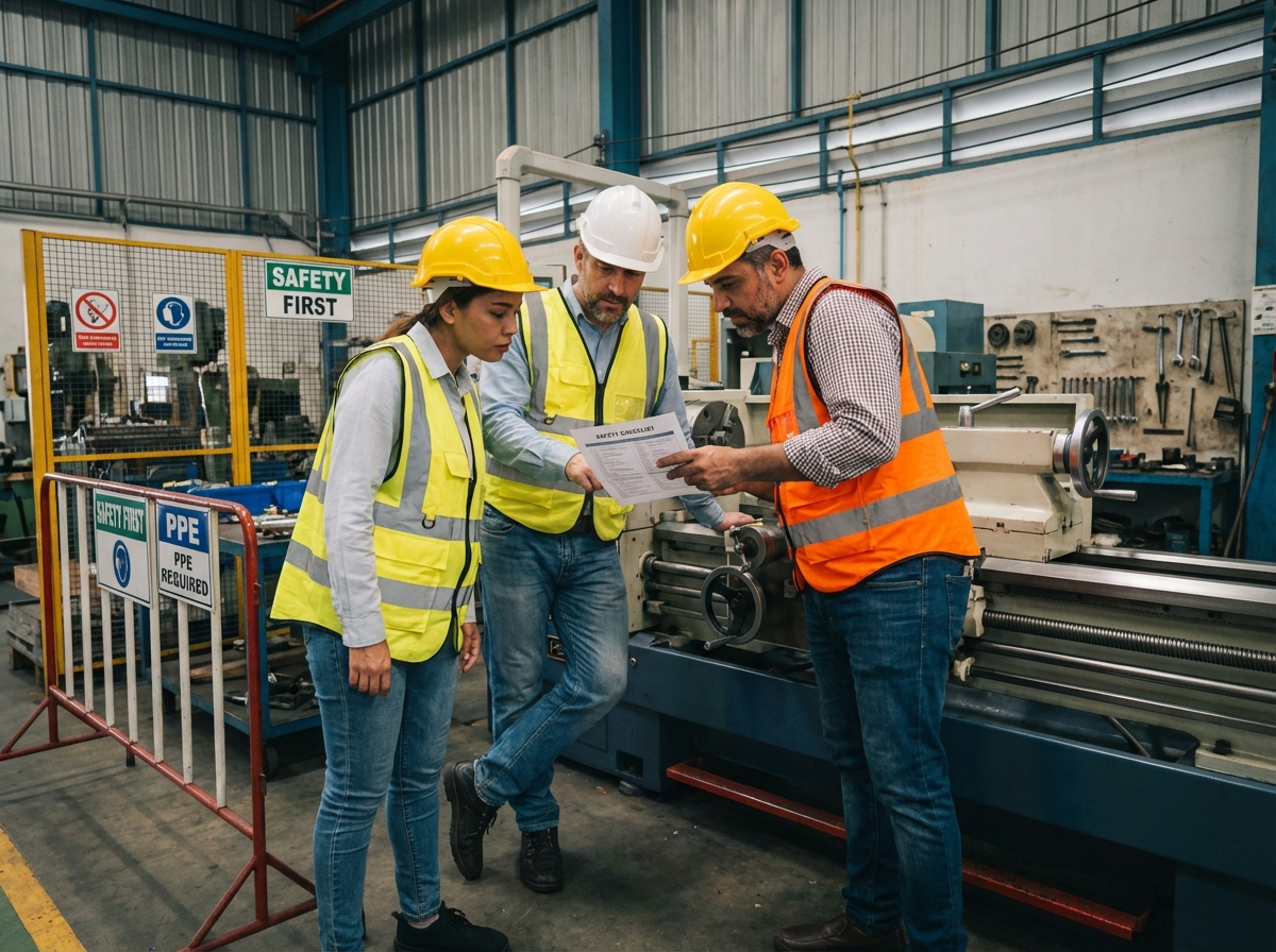 Employes en gilets de sécurité vérifiant une liste de sécurité en usine