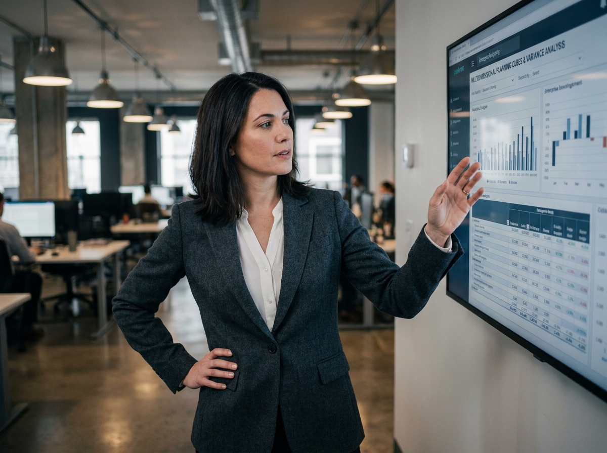 Contrôleuse financière présentant un logiciel de planification budgétaire d'entreprise sur un grand écran en open space