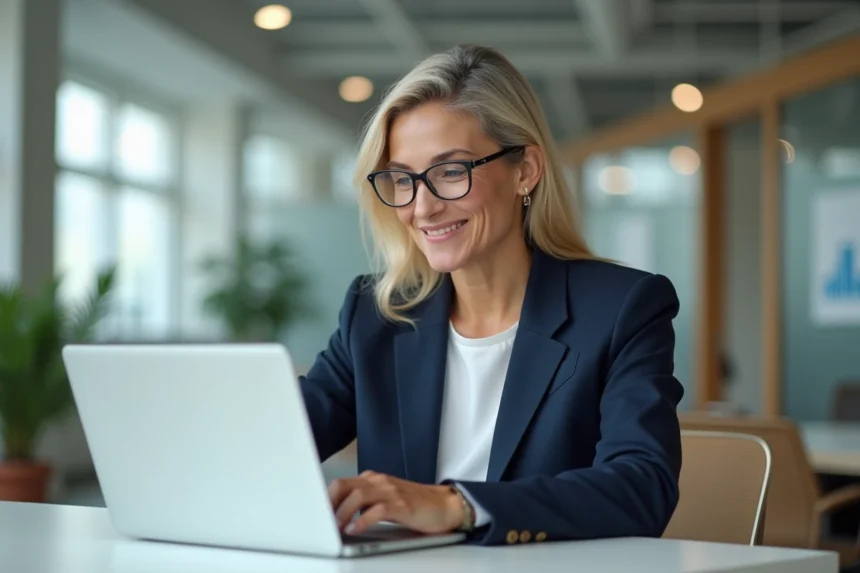 Courtière en assurance utilisant l'extranet AXA Courtage sur son ordinateur portable dans un bureau moderne
