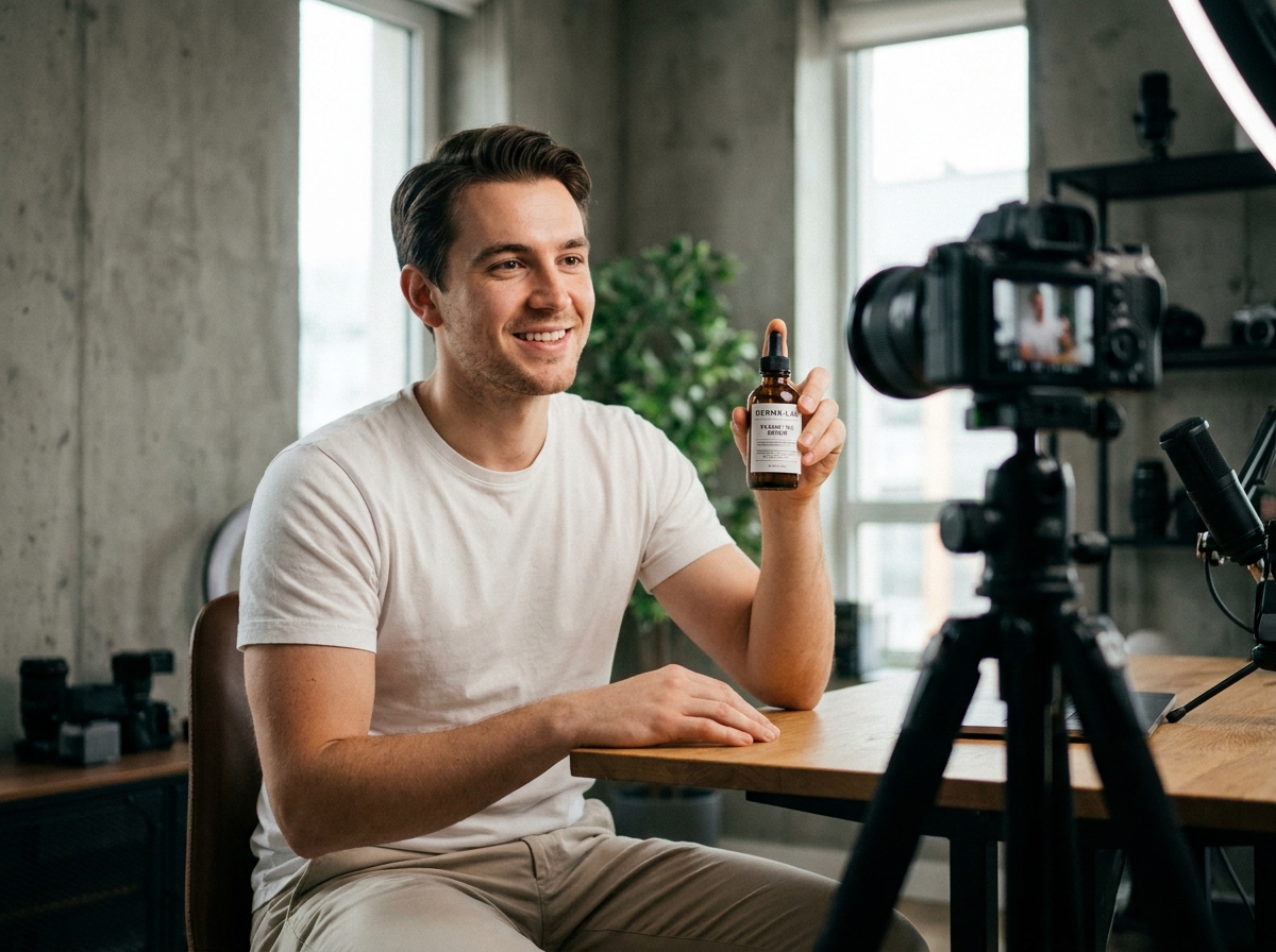 Créateur de contenu filmant une vidéo de test produit dans son appartement moderne pour rassurer ses abonnés