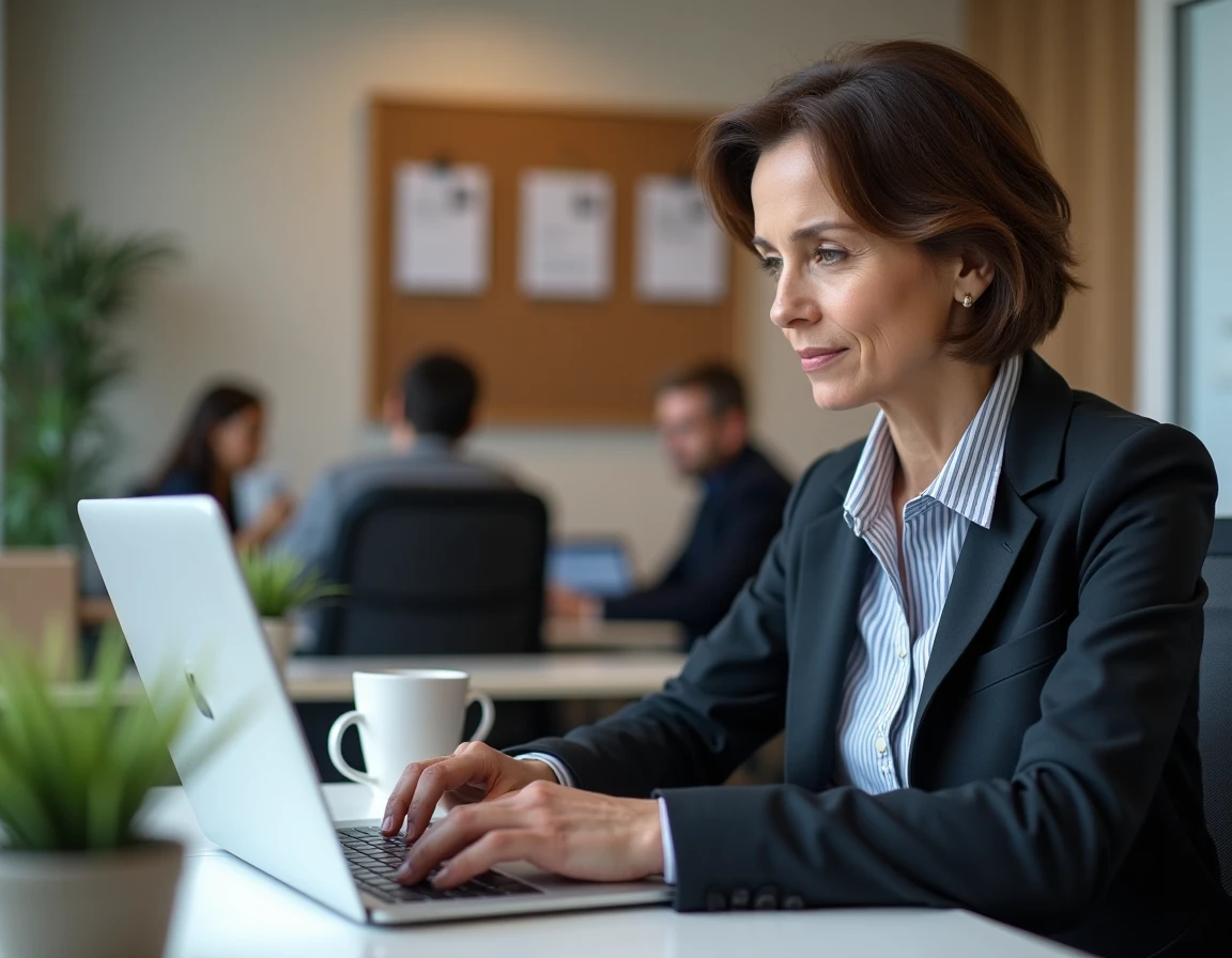 Femme salariée consultant les activités sociales et culturelles du CSE GDT sur son ordinateur portable au bureau