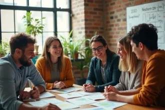 Groupe de salariés réunis autour d'une table pour consulter les activités sociales et culturelles proposées par le CSE