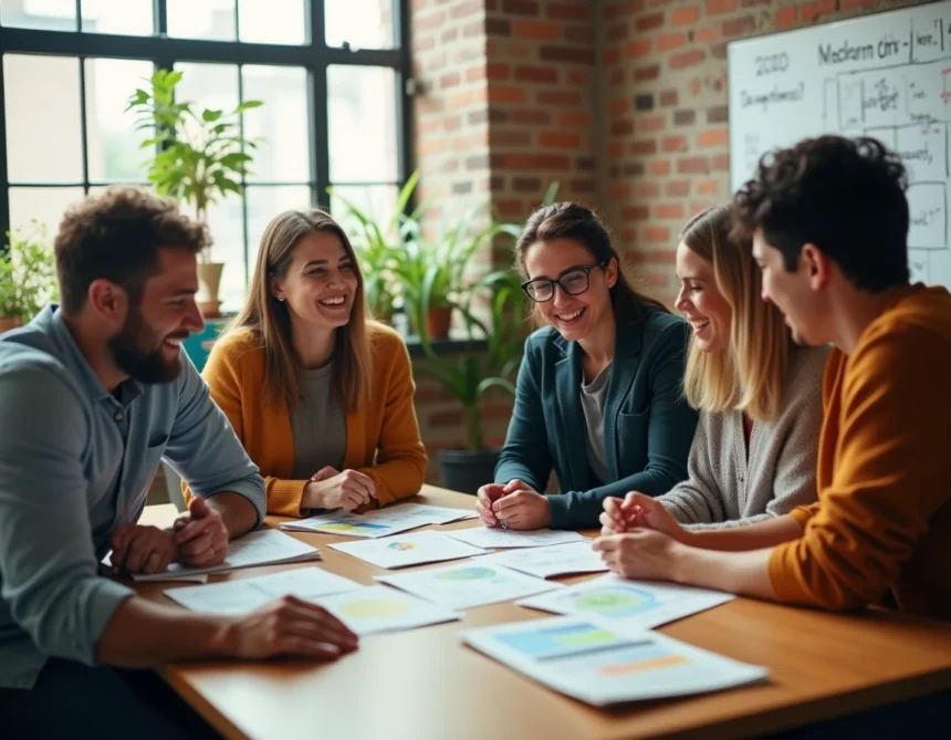 Groupe de salariés réunis autour d'une table pour consulter les activités sociales et culturelles proposées par le CSE