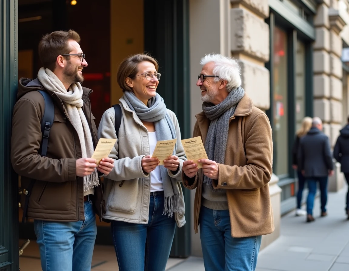Groupe de salariés profitant d'une sortie culturelle organisée par le CSE devant l'entrée d'un théâtre