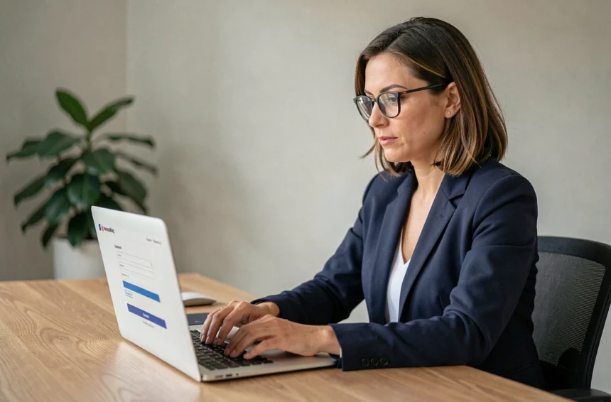 Femme professionnelle remplissant une déclaration d'expertise en ligne sur son ordinateur portable dans un bureau moderne