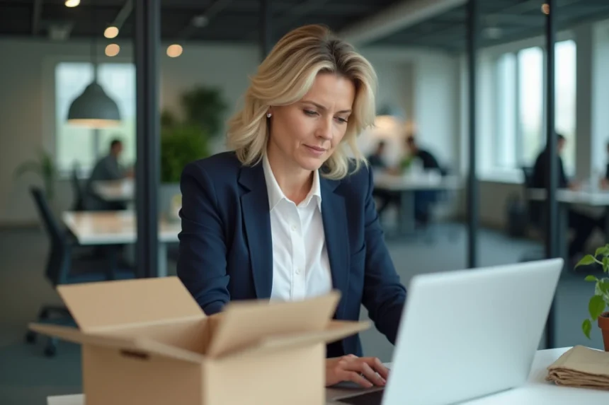 Femme professionnelle qui emballe ses affaires au bureau lors d'un départ d'entreprise en consultant son compte Arkevia en ligne