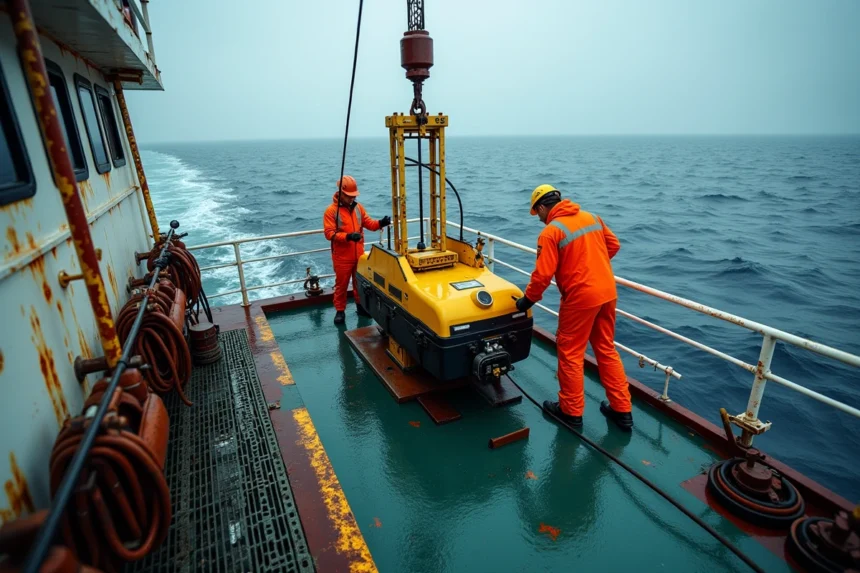 Techniciens offshore déployant un ROV depuis le pont d'un navire de recherche en mer profonde