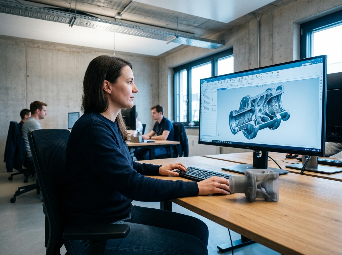 Designer produit travaillant sur un logiciel de CAO pour optimiser une pièce destinée à l'impression 3D SLS dans un bureau d'ingénierie moderne