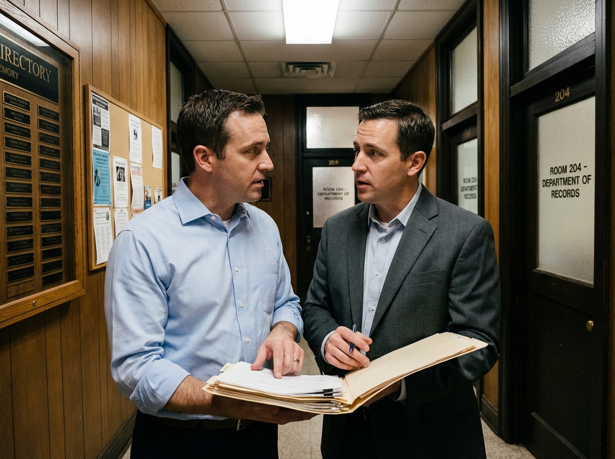 Deux hommes discutant dans un couloir administratif