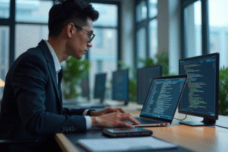Développeur concentré tapant du code C sur un ordinateur moderne