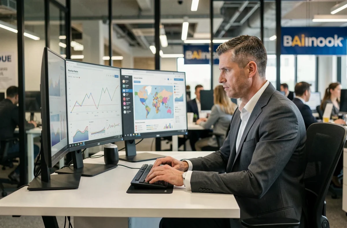 Directeur marketing analysant les performances d'une stratégie média digitale sur plusieurs écrans en agence Maxus