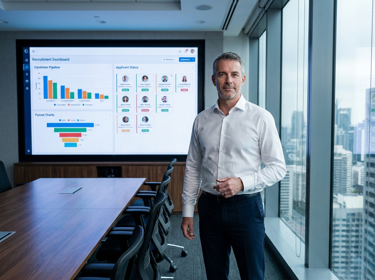 Directeur RH présentant un tableau de bord de plateforme de recrutement numérique dans une salle de réunion d'entreprise moderne