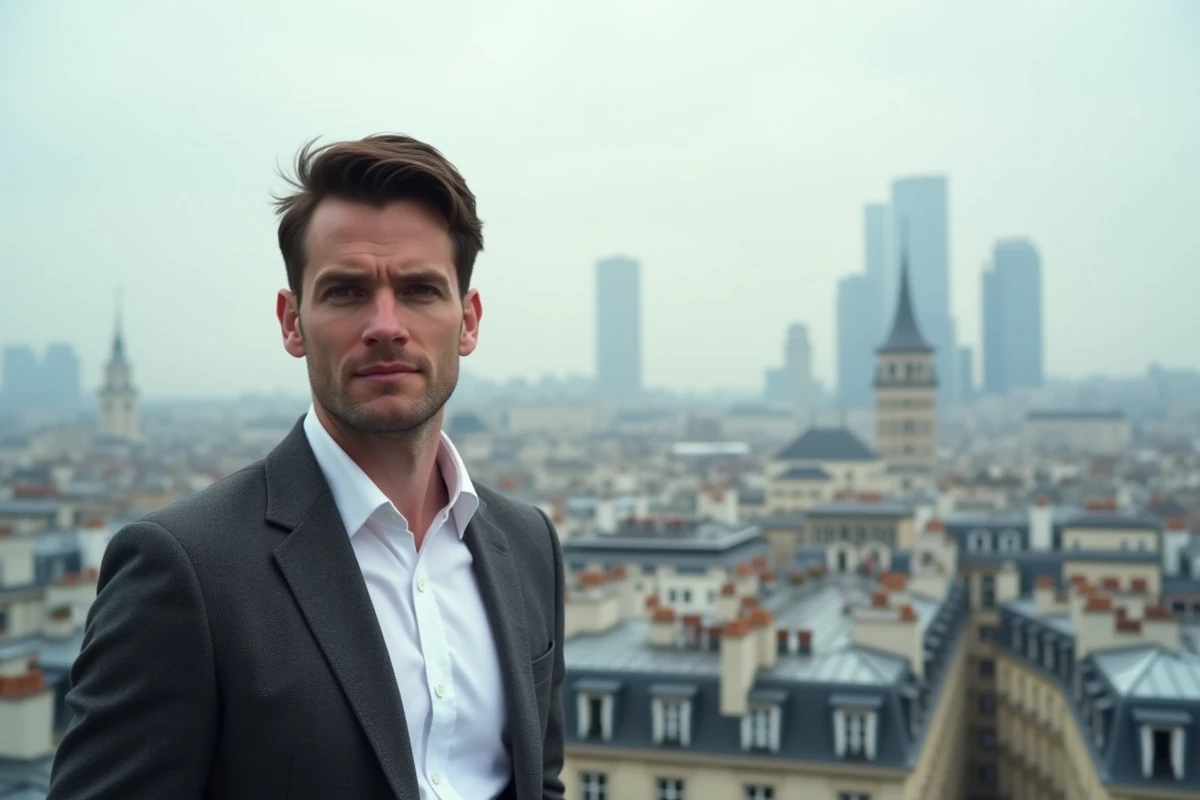 Portrait en extérieur d'un dirigeant de startup tech française sur une terrasse parisienne, style magazine