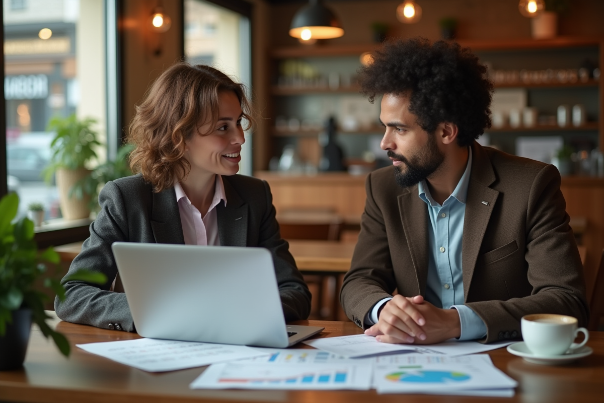 Deux professionnels discutant dans un café avec graphiques financiers